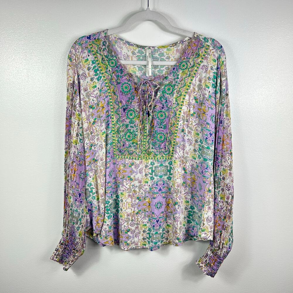 Anthropologie Purple Green Peasant Blouse Smocked Boho Top Long Sleeved Small